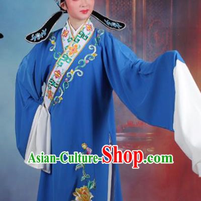 Chinese Traditional Peking Opera Niche Embroidered Peony Blue Robe Beijing Opera Scholar Costume for Men