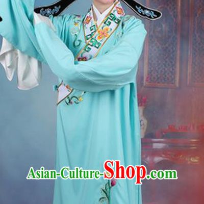 Chinese Traditional Peking Opera Niche Embroidered Peony Light Blue Robe Beijing Opera Scholar Costume for Men