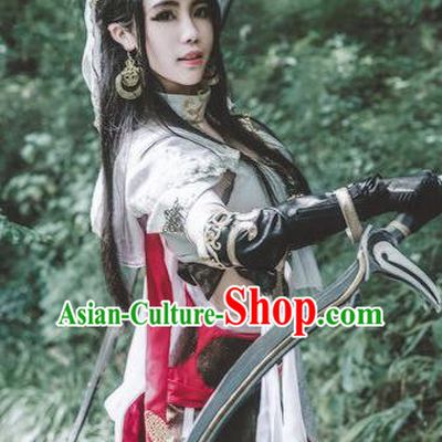 Chinese Traditional Cosplay Female Knight Embroidered White Dress Ancient Swordswoman Costume for Women