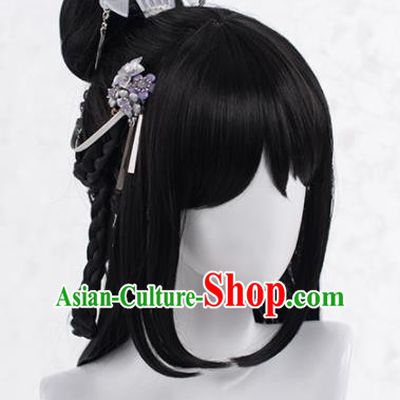 Chinese Traditional Cosplay Female Knight Wigs Ancient Peri Wig Sheath and Hairpins Hair Accessories for Women