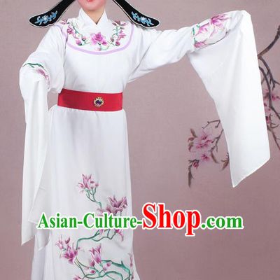 Chinese Traditional Peking Opera Nobility Childe White Robe Beijing Opera Niche Embroidered Mangnolia Costume for Men