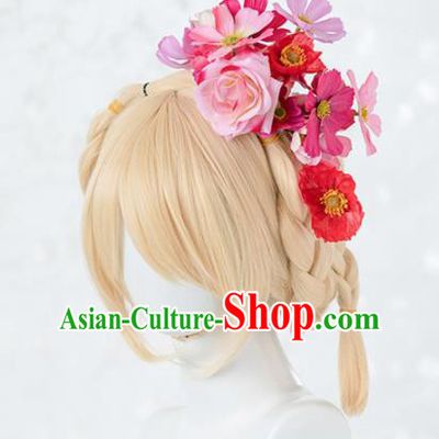 Japanese Traditional Cosplay Princess Wigs Ancient Kimono Wig Sheath and Pink Rose Hairpins Hair Accessories for Women