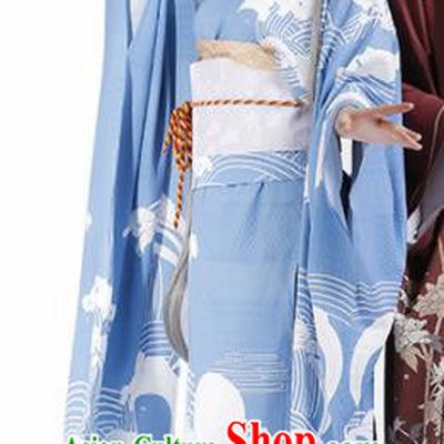 Traditional Halloween Cosplay Swordswoman Costume Japanese Kimono Blue Yukata Dress for Women