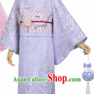 Traditional Halloween Cosplay Swordswoman Costume Japanese Kimono Light Purple Yukata Dress for Women