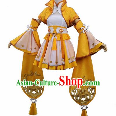 Traditional Halloween Cosplay Swordswoman Costume Ancient Female Knight Yellow Hanfu Dress for Women