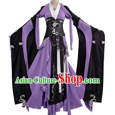 Chinese Traditional Cosplay Peri Princess Costume Ancient Swordswoman Purple Hanfu Dress for Women