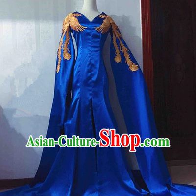 Traditional Chinese Modern Fancywork Costume National Embroidered Phoenix Blue Full Dress for Women