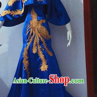 Traditional Chinese Modern Fancywork Costume National Cheongsam Embroidered Phoenix Blue Full Dress for Women
