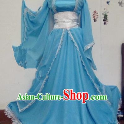 Chinese Traditional Cosplay Tang Dynasty Princess Costume Ancient Peri Blue Hanfu Dress for Women