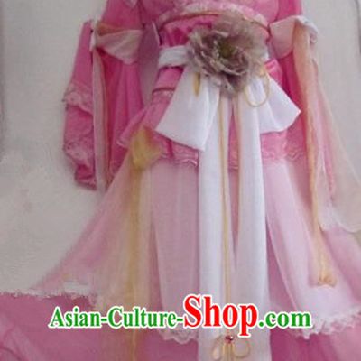 Chinese Traditional Cosplay Swordswoman Costume Ancient Peri Goddess Rosy Hanfu Dress for Women