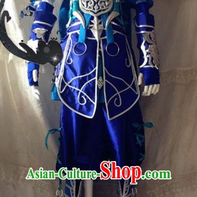 Chinese Traditional Cosplay General Blue Armour Costume Ancient Swordsman Hanfu Clothing for Men