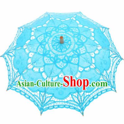 Chinese Traditional Photography Prop Blue Lace Umbrella Handmade Umbrellas