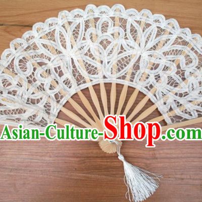 Chinese Traditional White Lace Fans Handmade Folding Fan