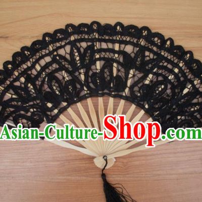 Chinese Traditional Black Lace Fans Handmade Folding Fan