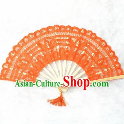 Chinese Traditional Orange Lace Fans Handmade Folding Fan