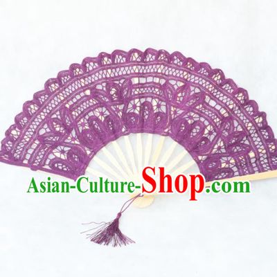 Chinese Traditional Purple Lace Fans Handmade Folding Fan