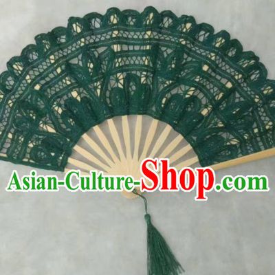 Chinese Traditional Green Lace Fans Handmade Folding Fan