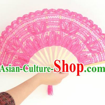 Chinese Traditional Rosy Lace Fans Handmade Folding Fan