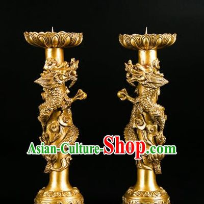 Chinese Traditional Feng Shui Items Buddhism Brass Carving Dragon Candlestick Decoration
