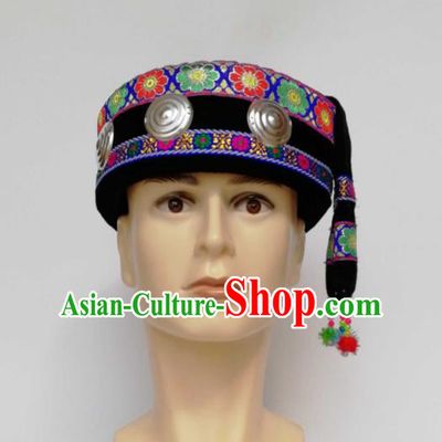 Chinese Traditional Ethnic Headwear Yao Nationality Bridegroom Black Hat for Men