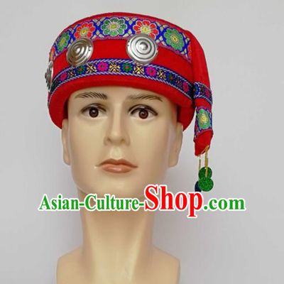Chinese Traditional Ethnic Headwear Yao Nationality Bridegroom Red Hat for Men