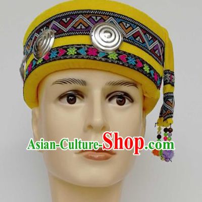 Chinese Traditional Ethnic Headwear Yao Nationality Bridegroom Embroidered Yellow Hat for Men