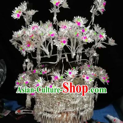 Chinese Traditional Ethnic Headwear Miao Nationality Bride Wedding Sliver Phoenix Coronet for Women