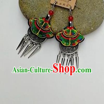 Chinese Traditional Ethnic Jewelry Accessories Miao Nationality Embroidered Green Earrings for Women