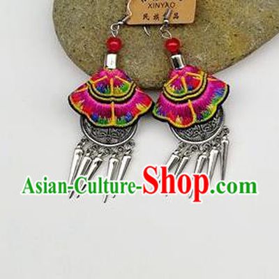 Chinese Traditional Ethnic Jewelry Accessories Miao Nationality Embroidered Pink Earrings for Women