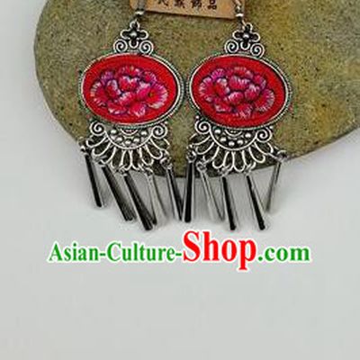 Chinese Traditional Ethnic Jewelry Accessories Miao Nationality Embroidered Peony Red Earrings for Women