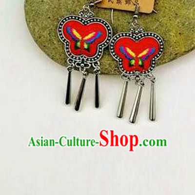 Chinese Traditional Ethnic Jewelry Accessories Miao Nationality Embroidered Butterfly Red Earrings for Women