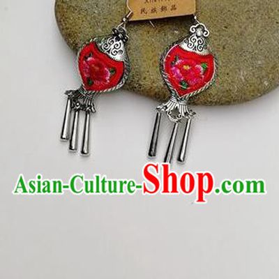 Chinese Traditional Ethnic Jewelry Accessories Miao Nationality Embroidered Flower Red Earrings for Women