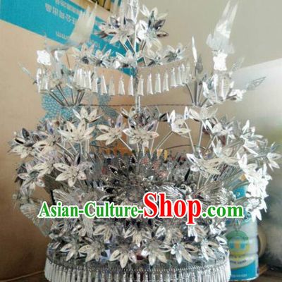 Chinese Traditional Ethnic Wedding Hair Accessories Miao Nationality Folk Dance Sliver Flowers Phoenix Coronet for Women