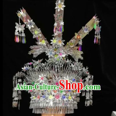 Chinese Traditional Ethnic Sliver Headwear Miao Nationality Bride Tassel Phoenix Coronet for Women