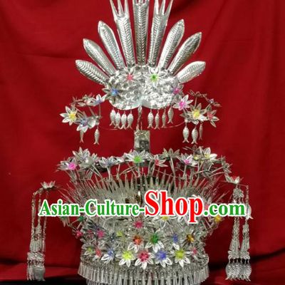 Chinese Traditional Ethnic Sliver Headwear Miao Nationality Bride Fishes Tassel Phoenix Coronet for Women