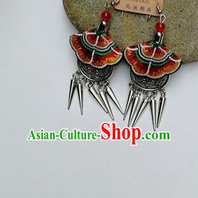 Chinese Traditional Ethnic Jewelry Accessories Miao Nationality Embroidered Red Earrings for Women