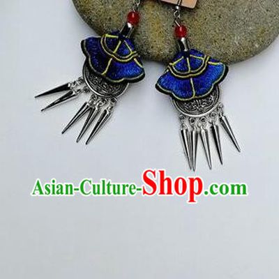 Chinese Traditional Ethnic Jewelry Accessories Miao Nationality Embroidered Blue Earrings for Women