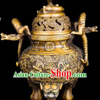 Chinese Traditional Taoism Bagua Carving Bats Dragon Brass Incense Burner Feng Shui Items Censer Decoration