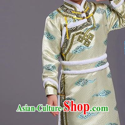 Chinese Traditional Ethnic Children Costumes Mongol Nationality Golden Brocade Robe for Kids