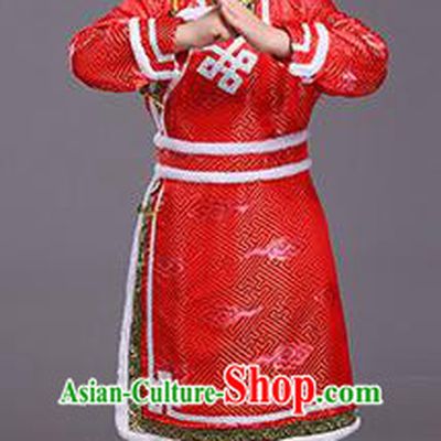 Chinese Traditional Ethnic Children Costumes Mongol Nationality Red Brocade Robe for Kids
