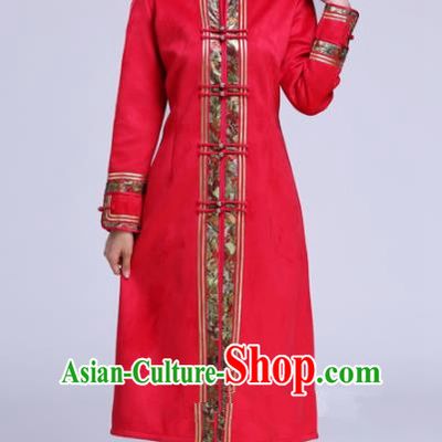 Chinese Traditional Mongolian Outwear Ethnic Costumes Mongol Nationality Red Dust Coat for Women