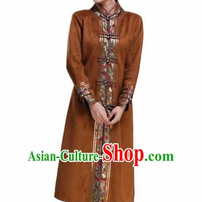 Chinese Traditional Mongolian Outwear Ethnic Costumes Mongol Nationality Brown Dust Coat for Women