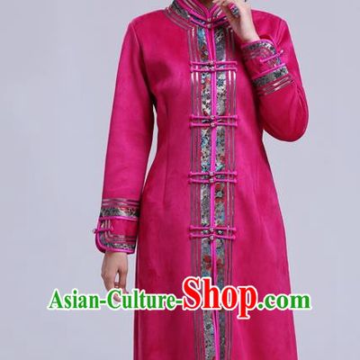 Chinese Traditional Mongolian Outwear Ethnic Costumes Mongol Nationality Rosy Dust Coat for Women