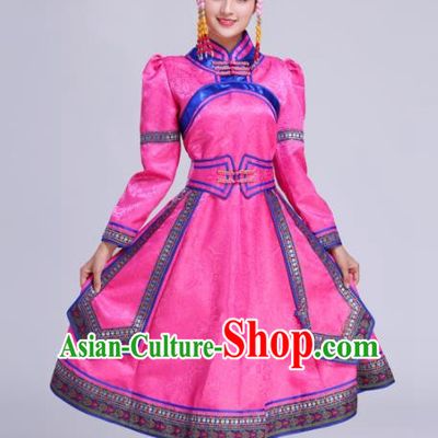 Chinese Traditional Mongolian Ethnic Folk Dance Pink Dress Mongol Nationality Costumes for Women
