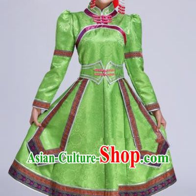 Chinese Traditional Mongolian Ethnic Folk Dance Green Dress Mongol Nationality Costumes for Women