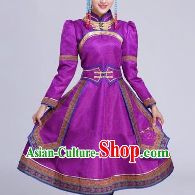 Chinese Traditional Mongolian Ethnic Folk Dance Purple Dress Mongol Nationality Costumes for Women