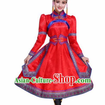 Chinese Traditional Mongolian Ethnic Folk Dance Red Dress Mongol Nationality Costumes for Women