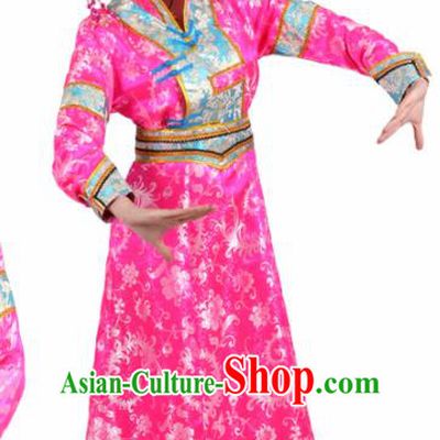 Chinese Traditional Mongolian Ethnic Pink Brocade Dress Mongol Nationality Folk Dance Costumes for Women