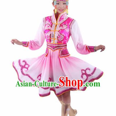 Chinese Traditional Mongolian Folk Dance Pink Dress Mongol Nationality Ethnic Costume for Women