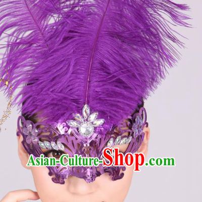 Halloween Cosplay Accessories Purple Feather Mask Latin Dance Headwear for Women
